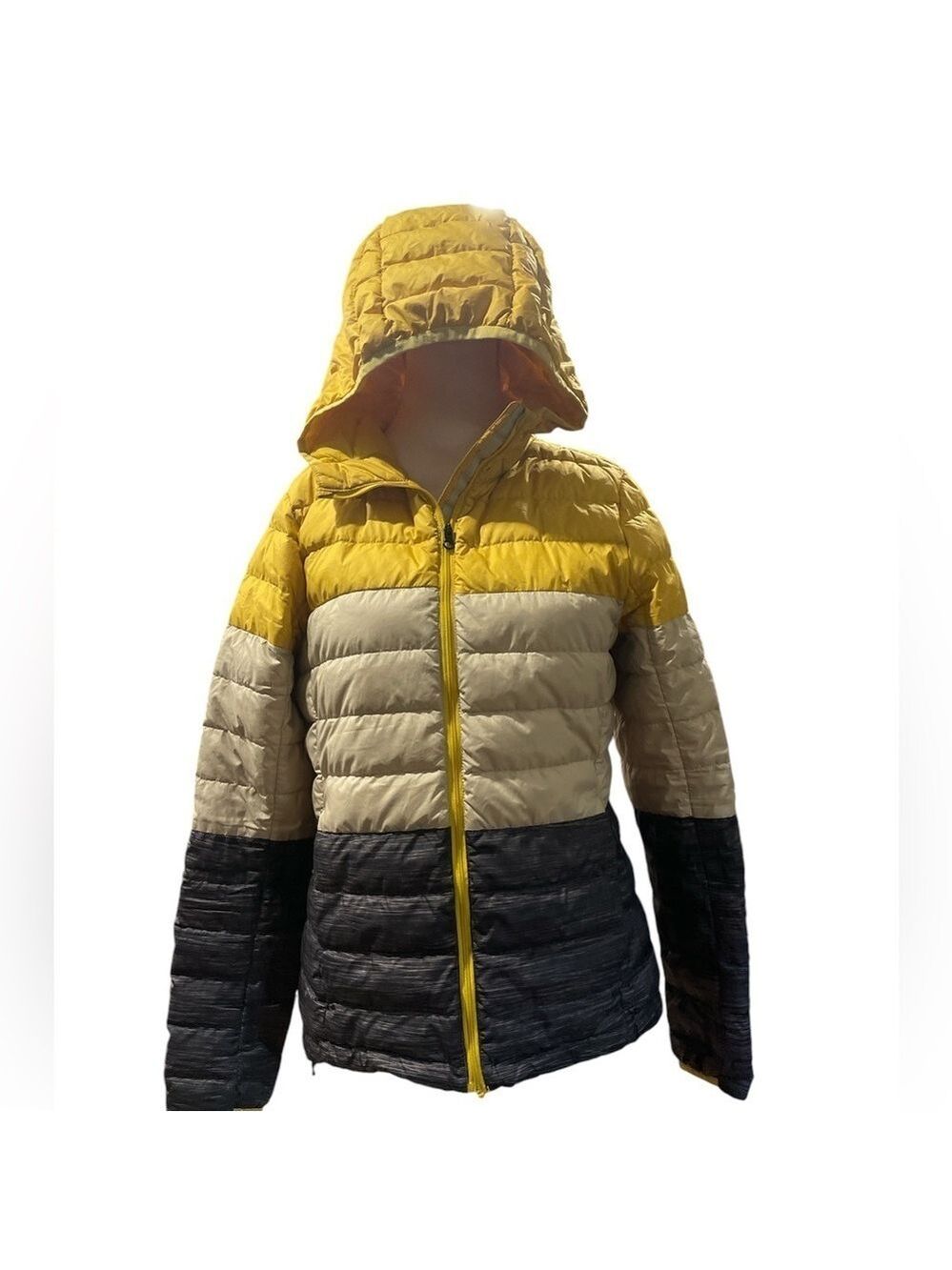 Lole S Emeline Colorblock gray/yellow packable down with zip pockets jacket